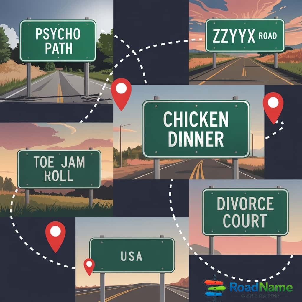 Viral collage of America’s funniest street signs including Psycho Path, Zzyzx Road, Chicken Dinner Road, and Divorce Court with Google Maps style pins