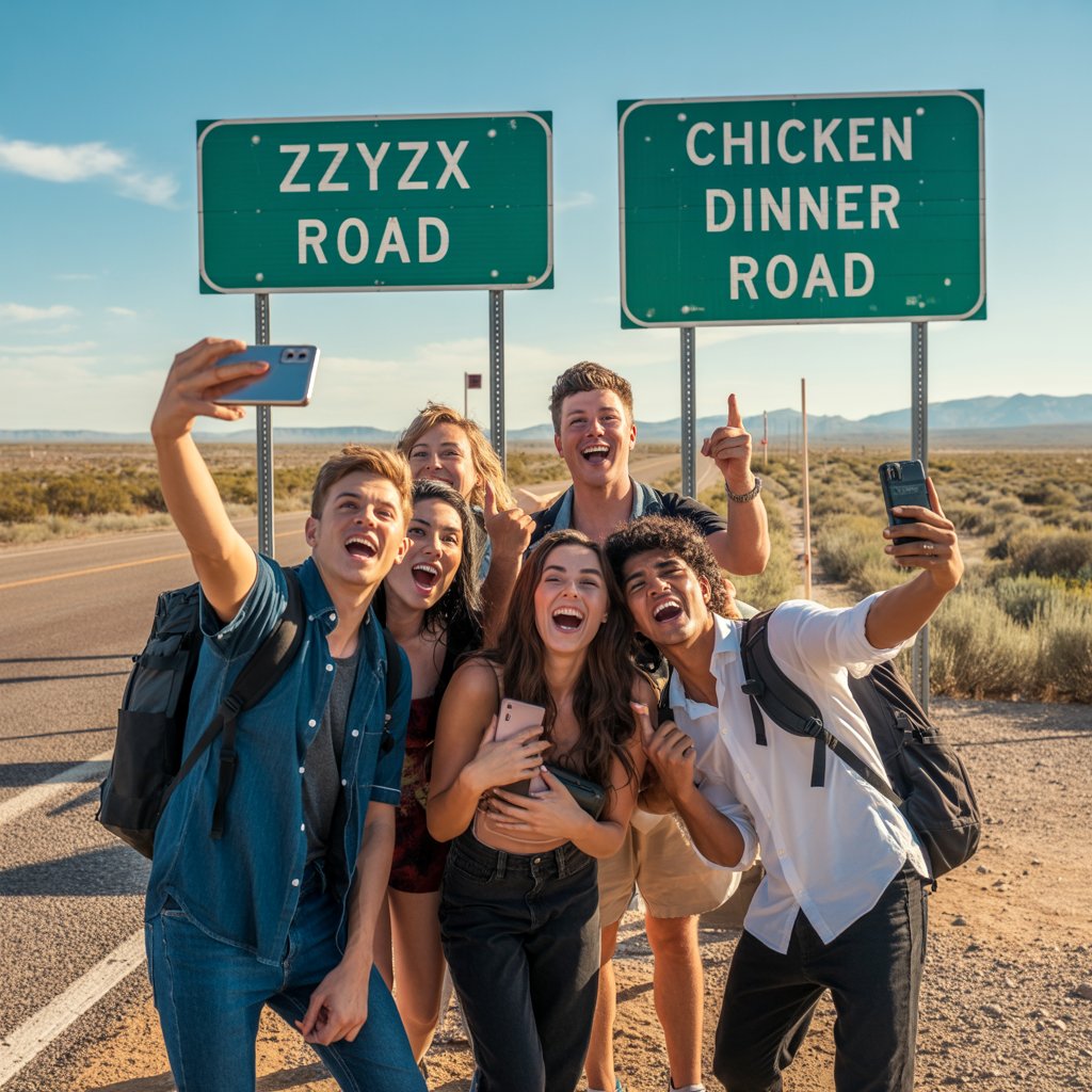 Tourists taking selfies beside funny American street signs.