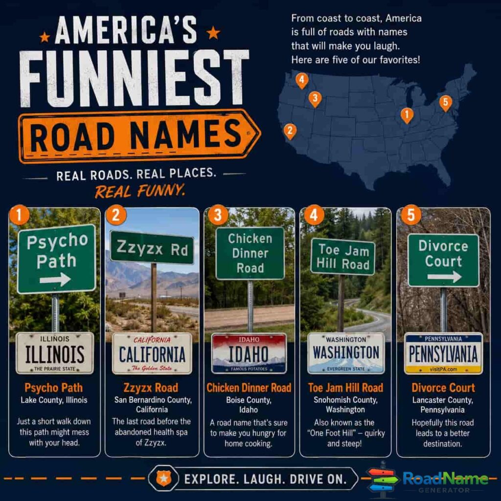 Funny American street sign infographic with viral road names and state labels.