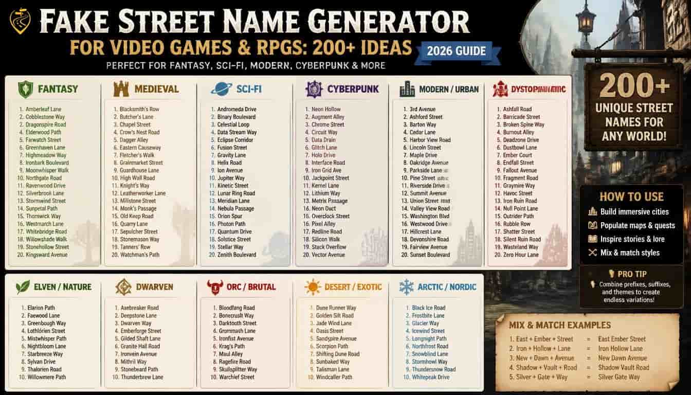 Fake Street Name Generator for Video Games & RPGs: 200+ Ideas (2026 Guide)